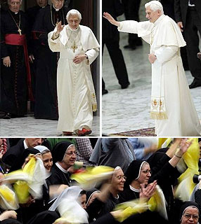 Em sentido horário, da esquerda para a direita: Bento XVI chega à Sala Paulo VI para a Catequese; saúda os fiéis; grupo de religiosas acena ao Papa