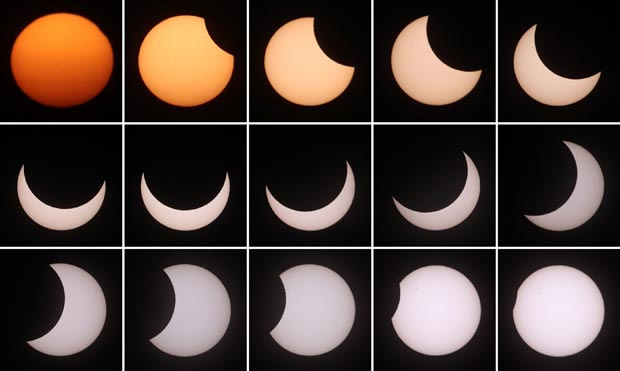 Montagem mostra a evolução do eclipse observado em Viena, na Áustria. (Foto: Reuters)