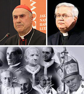 Em sentido horário: Cardeal Tarcisio Bertone, Dom Mario Toso e alguns dos últimos Papas.
Montagem sobre fotos / Arquivo e Ecclesia

