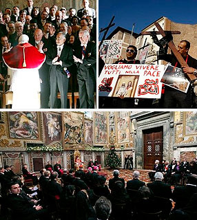 Em sentido horário: Papa saúda embaixadores; cristãos coptas protestam contra ataques de fundamentalistas islâmicos; Papa discursa a Corpo Diplomático