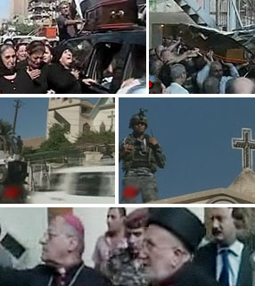 Ataque em Bagdá - em sentido horário: funerais das vítimas; soldado na Catedral; prelados iraquianos na igreja alvo dos ataques e fachada da Catedral