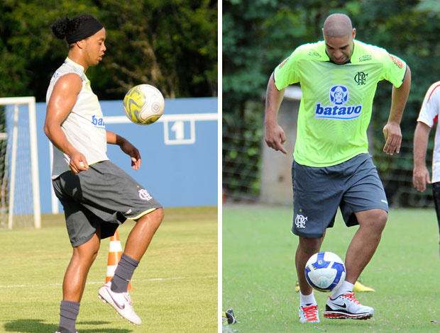 Ronaldinho, em 2011, e Adriano, em 2010, treinando no Ninho do Urubu (Foto: Reprodução)