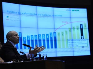 O ministro Guido Mantega (Fazenda) durante
defesa do mínimo de R$ 545 em sessão especial
da Câmara, nesta terça (15) (Foto: Diógenis
Santos/Agência Câmara)