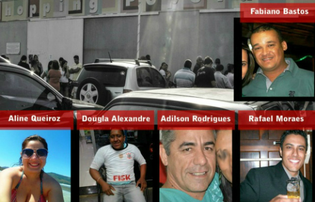 Foto mostra IML de Nova Andradina lotado de parentes das vítimas e a no detalhe a imagem das cinco pessoas mortas no acidente identificadas pela polícia (Reprodução/Rádio Caçula)