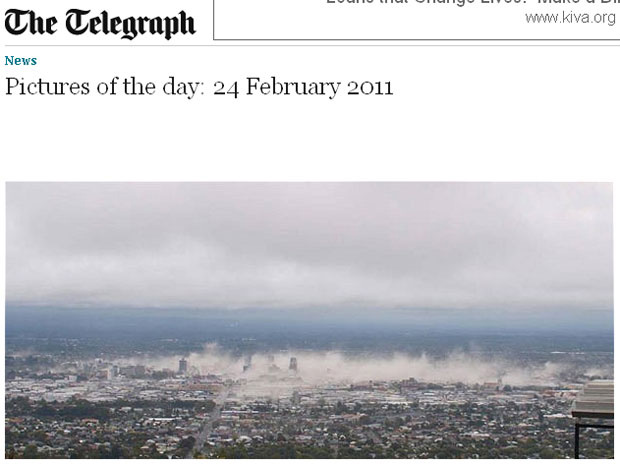 Foto de origem desconhecida registra os momentos seguintes ao terremoto que atingiu a cidade de Christchurch, na Nova Zelândia (Foto: Reprodução/Telegraph)