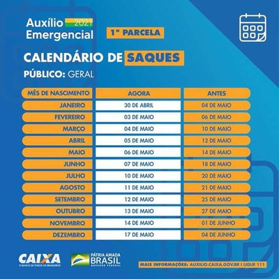 Calendário de saques antecipados da primeira parcela do auxílio emergencial. - Divulgação/Caixa Econômica Federal