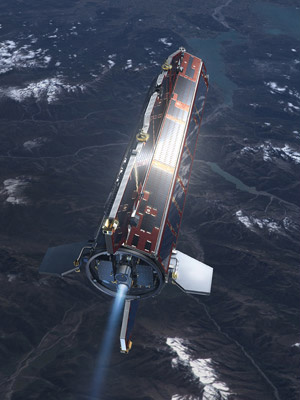 Imagem mostra o satélite GOCE, da agência
espacial europeia. (Crédito: ESA)