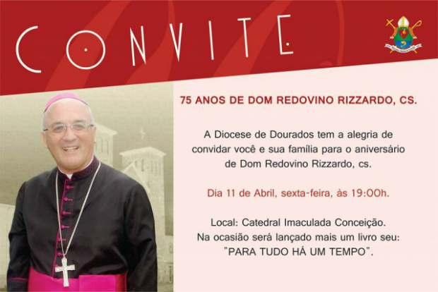 Convite para a missa de ação de graças pelo aniversário de Dom Redovinno.