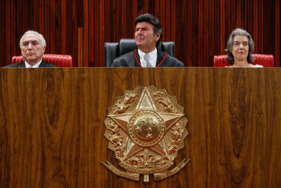 O presidente Michel Temer e a presidente do STF, Cármen Lúcia, participaram da posse do  ministro Luiz Fux na presidência do TSE Beto Barata/PR