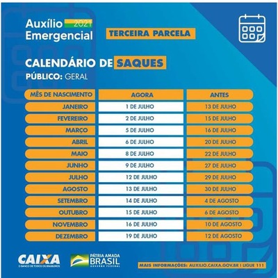 Calendário de saques da terceira parcela do auxílio emergencial 2021 - Caixa - Divulgação