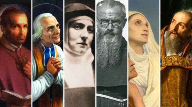 Da esquerda para a direita: Santo Afonso Maria de Ligório, São João Maria Vianney, Santa Edith Stein, São Maximiliano Kolbe, Santa Mônica, Santo Agostinho / Crédito: Domínio público
