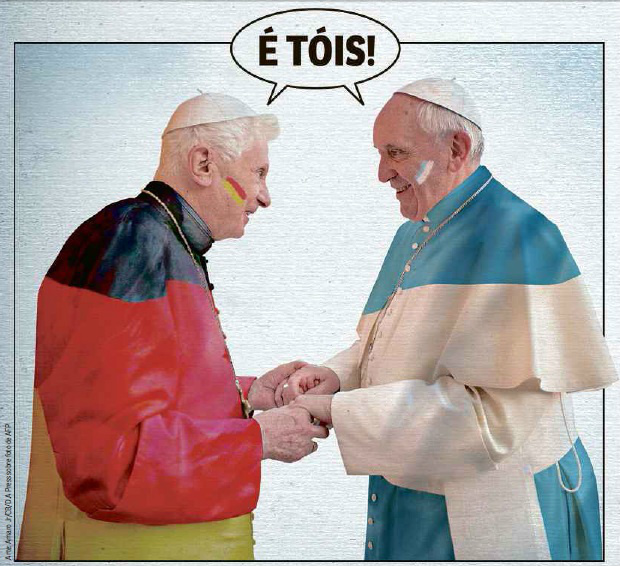 Montagem gráfica : Foto do Alemão papa emérito Bento XVI, no momento que recebeu  o papa argentino Francisco. 

Foto : AFP/ Jornal Correio Braziliense,  edição 11 de julho 2014