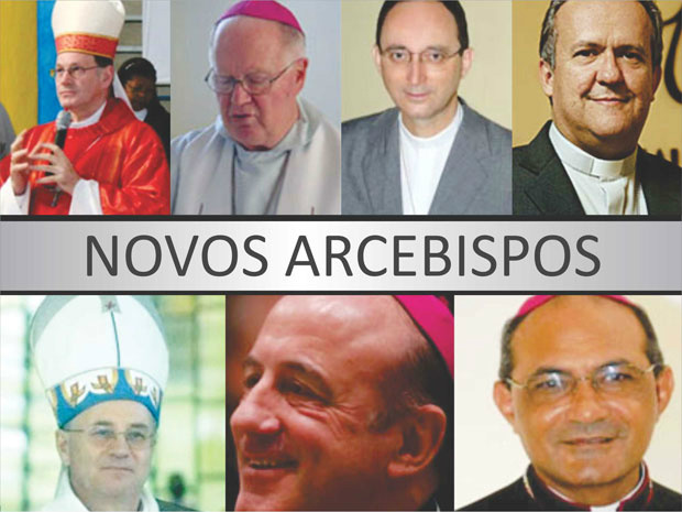 Em sentido horário: Arcebispo de Pelotas(RS), Dom Jacinto Bergmann; Arcebispo de Passo Fundo (RS), Dom Pedro Simon; Arcebispo de Brasilia (DF), Dom Sérgio da Rocha; Arcebispo de Campo Grande (MS), Dom Dimas Lara Barbosa; Arcebispo de Palmas (TO), Dom Pedro Brito Guimarães; Arcebispo de Salvador (BA), Dom Murilo Sebastião Ramos Krieger; Arcebispo de Santa Maria (RS), Dom Hélio Adelar Rubert