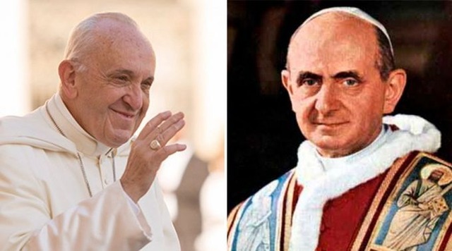 Papa Francisco (esquerda) e Paulo VI (direita). Crédito: Marina Testino (ACI Prensa) e Wikimedia Commons