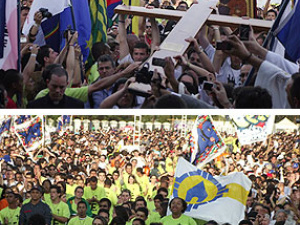 cone de Nossa Senhora e Cruz da JMJ chegam ao Campo de Marte. Abaixo, parte dos cerca de 100 mil jovens que participaram do evento