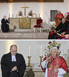 Papa pronuncia discurso na Igreja do ex-Convento dos Agostinianos, em Erfurt. Abaixo, concede a bênção, ao lado do pastor luterano Nikolaus Schneider