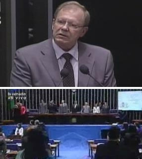 Cofundador da Comunidade Canção Nova, Wellington Silva Jardim discursa durante cerimônia. Abaixo, senadores e convidados prestigiam a homenagem