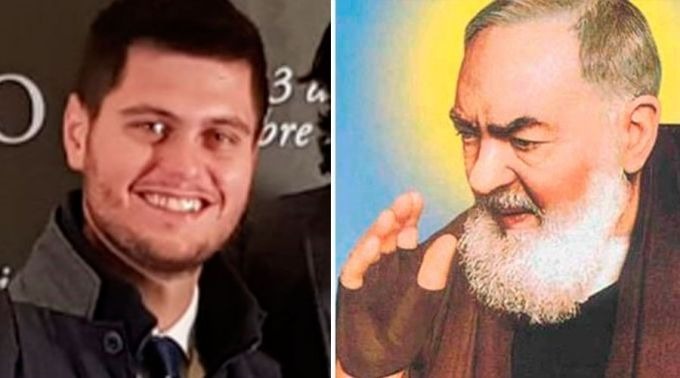 Matteo Pio Colella (esq.), jovem curado por intercessão de São Padre Pio (dir.) durante a apresentação do filme 