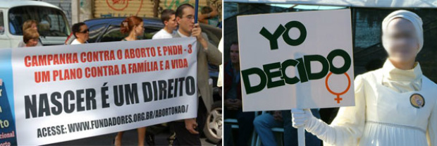 Esquerda: marcha a favor da vida. Direita: feminista reivinicando o 'direito de decidir' 