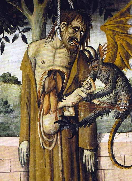Detalhe do diabo roubando a alma de Judas. Afresco na igreja de Notre Dame des Fontans, perto de La Brigue, na França.