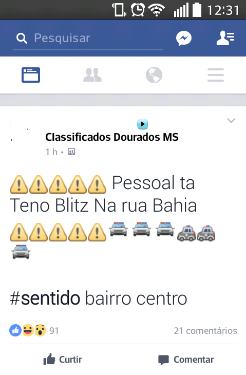 Postagem alertava aos internautas sobre blitz- Foto: Reprodução