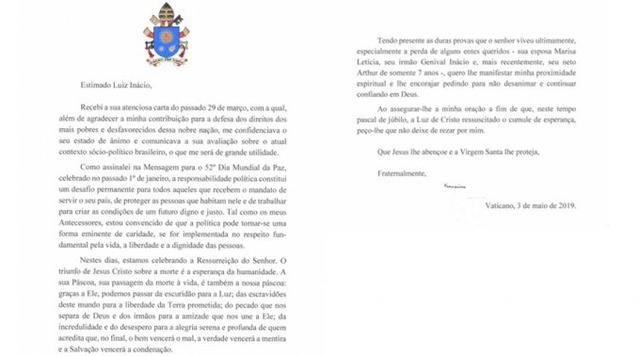 Carta do Papa Francisco ao ex-presidente Lula / Foto: lula.com.br