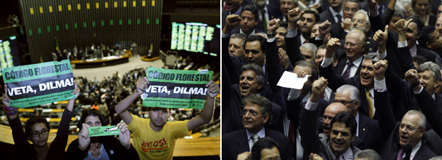 Ambientalistas protestam nas galerias da Câmara (esq.); deputados ruralistas comemoram (Fotos: Reuters)