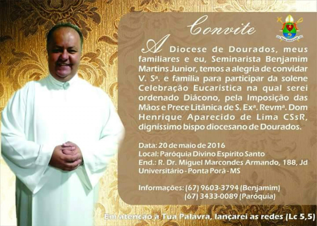 Convite da Ordenação Diaconal de Benjamim Martins Junior. Foto: Divulgação