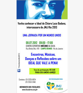  Movimento dos FocolaresA jornada sobre a beata Chiara Luce será no Centro Esportivo Miécimo da Silva, rua Olinda Ellis, nº 47, no Campo Grande