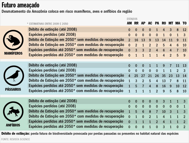 A estimativa dos pesquisadores é de que cada região da Amazônia perca, em média, nove espécies de vertebrados e que outras 16 entrem na fila da extinção até 2050. O estado que mais acumula 