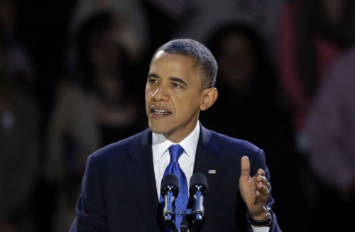 O presidente reeleito dos EUA, Barack Obama, discursa nesta quarta-feira (7) em Chicago 