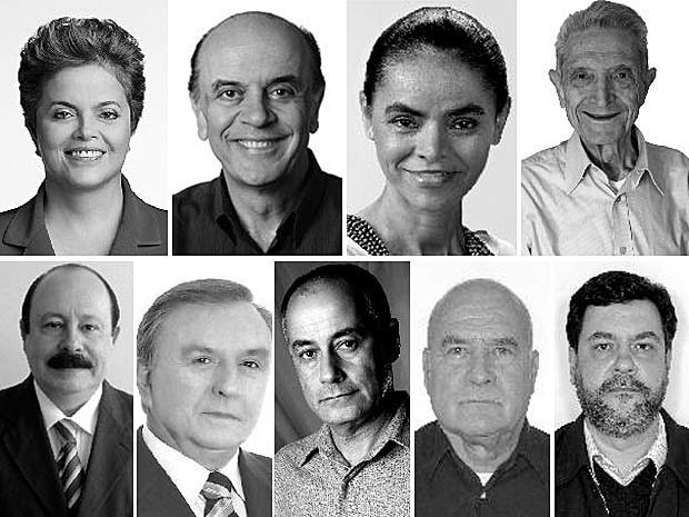 No alto, a partir da esquerda, os candidatos Dilma Rousseff (PT), José Serra (PSDB), Marina Silva (PV), Plínio Sampaio (PSOL); embaixo, Levy Fidelix (PRTB), José Maria Eymael (PSDC), Zé Maria (PSTU), Ivan Pinheiro (PCB) e Rui Costa Pimenta (PCO) (Foto: Divulgação/TSE)