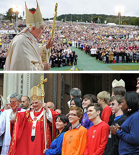 Bento XVI durante Missa com Beatificação do Cardeal Newman, em Birmingham. Abaixo, encontro com os jovens, após Missa na Catedral de Westminster