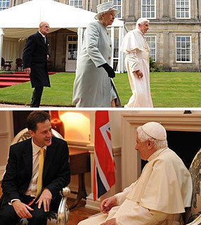 papa encontra-se com a Rainha Elizabeth II, em Edimburgo (Escócia). Abaixo, encontro com o primeiro-ministro britânico David Cameron, em Londres (Inglaterra)