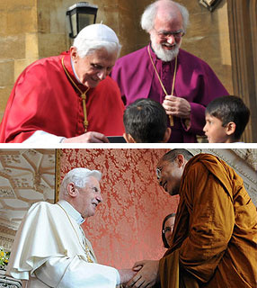 O Santo Padre e o Arcebispo de Canterbury e Primaz da Comunhão Anglicana, Rowan Williams. Abaixo, o Papa durante encontro com líderes de outras religiões
